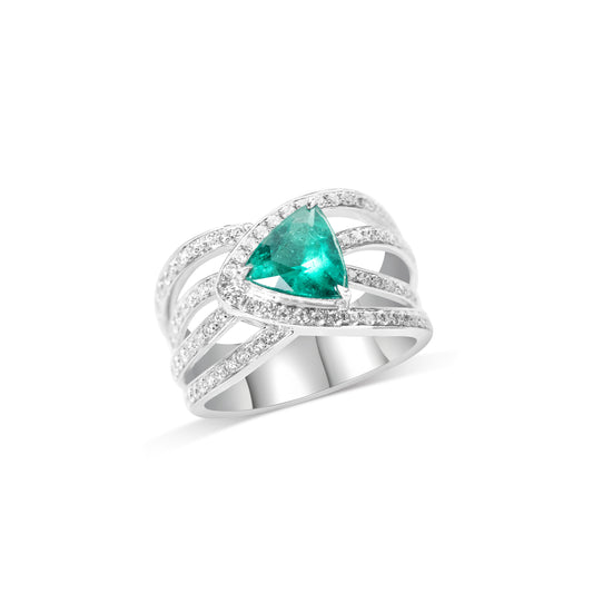 Trillion-cut natural emerald four-band diamond ring crafted in 18K white gold by Fantasilvia Fine Jewelry.
