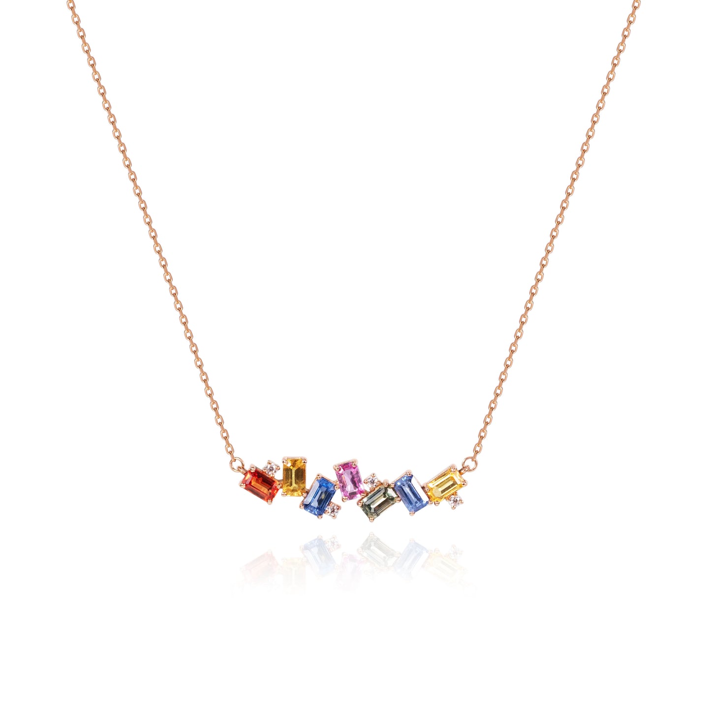 Rainbow sapphire tennis necklace crafted in 18K gold by Fantasilvia Fine Jewelry.
