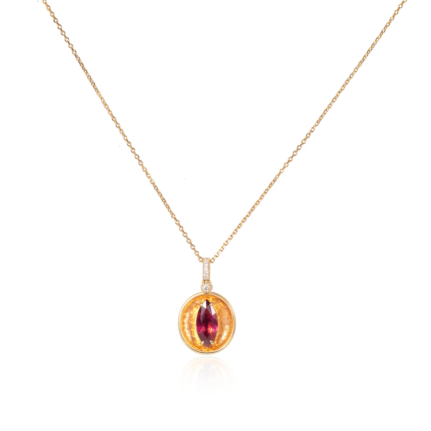 Natural rubellite tourmaline pendant in fine gold setting by Fantasilvia Fine Jewelry.
