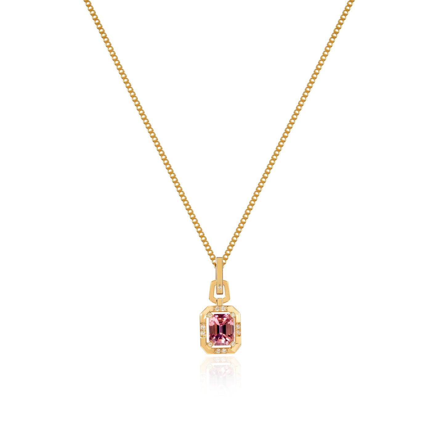 Natural pink tourmaline pendant in fine gold by Fantasilvia Fine Jewelry.
