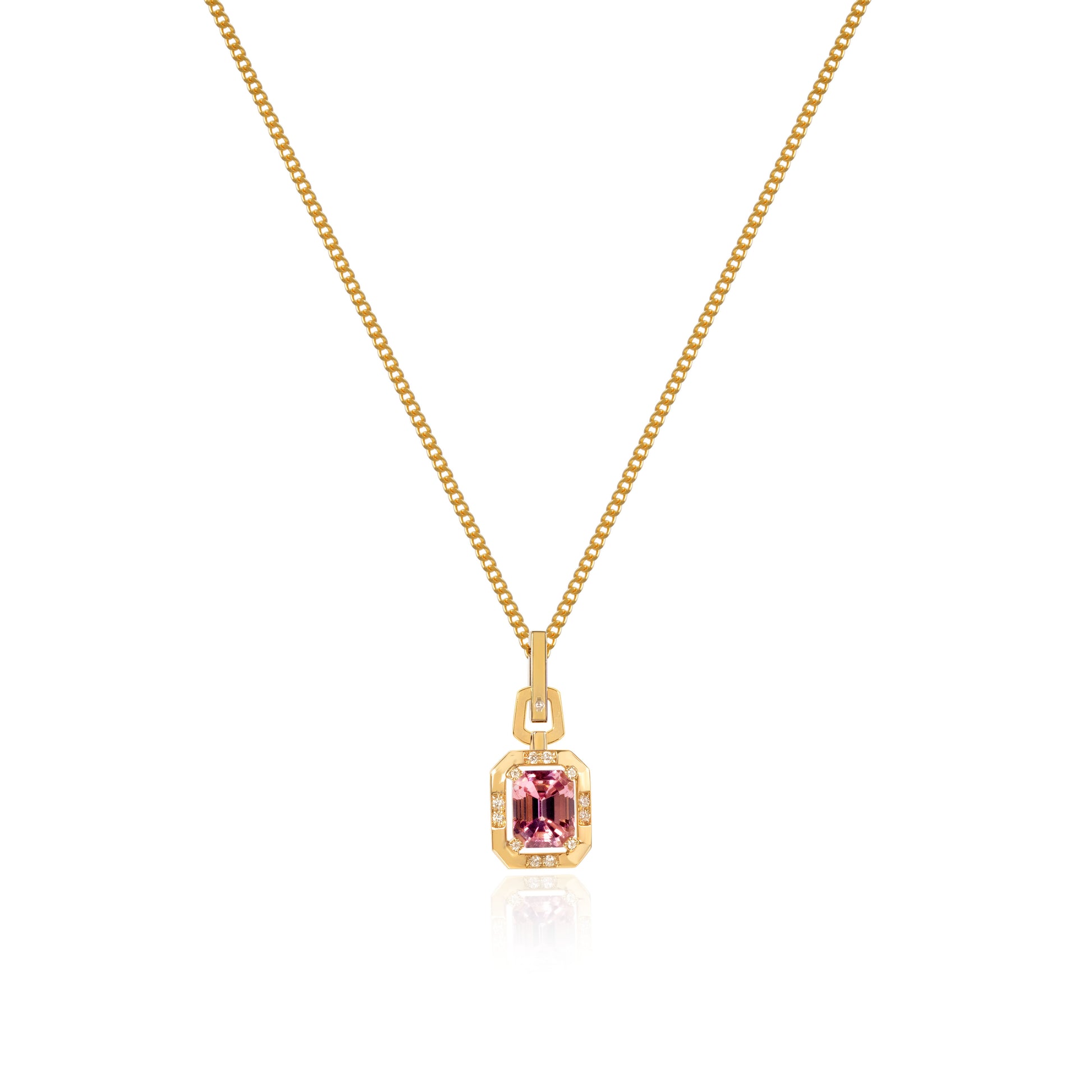 Natural pink tourmaline pendant in fine gold by Fantasilvia Fine Jewelry.

