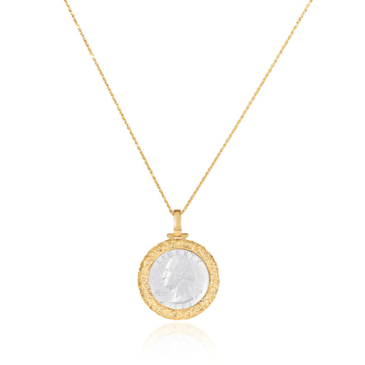Parthian Empire ancient silver coin pendant crafted in 18K yellow gold by Fantasilvia Fine Jewelry.
