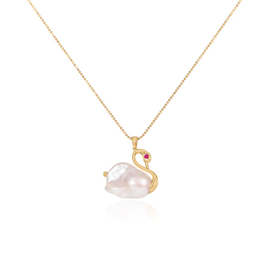 Natural baroque pearl swan pendant in fine gold by Fantasilvia Fine Jewelry.
