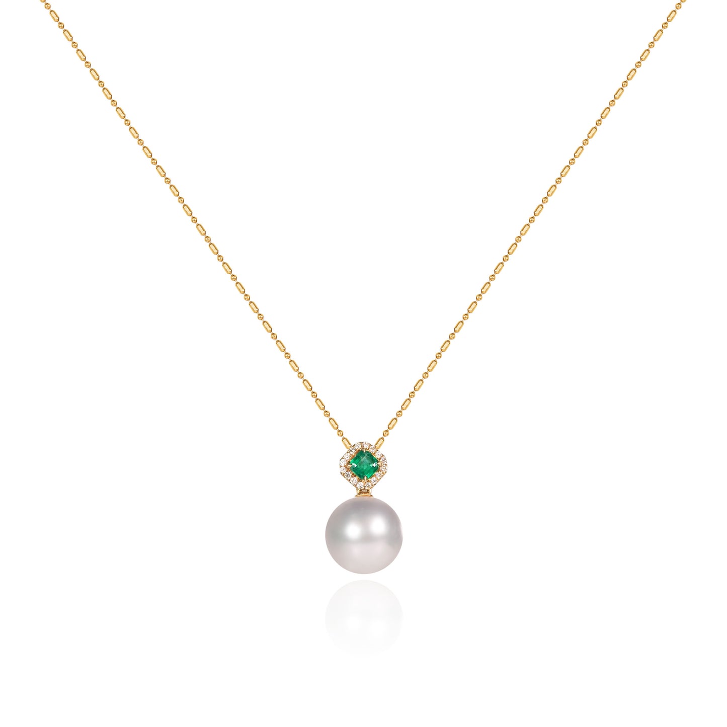 Pearl and emerald halo drop pendant with 12mm South Sea white pearl in 18K gold by Fantasilvia Fine Jewelry.
