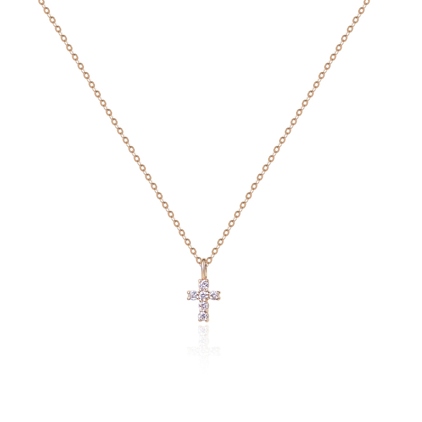 Mini cross natural diamond necklace in 18K gold by Fantasilvia Fine Jewelry.
