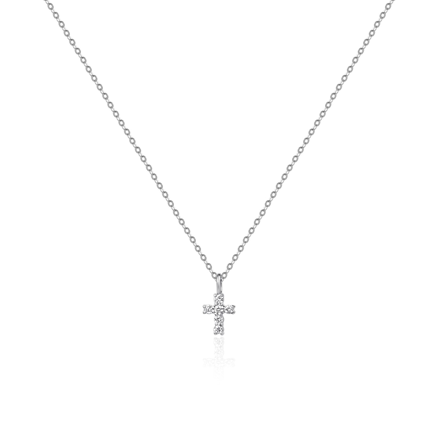 Mini cross natural diamond necklace in 18K gold by Fantasilvia Fine Jewelry.
