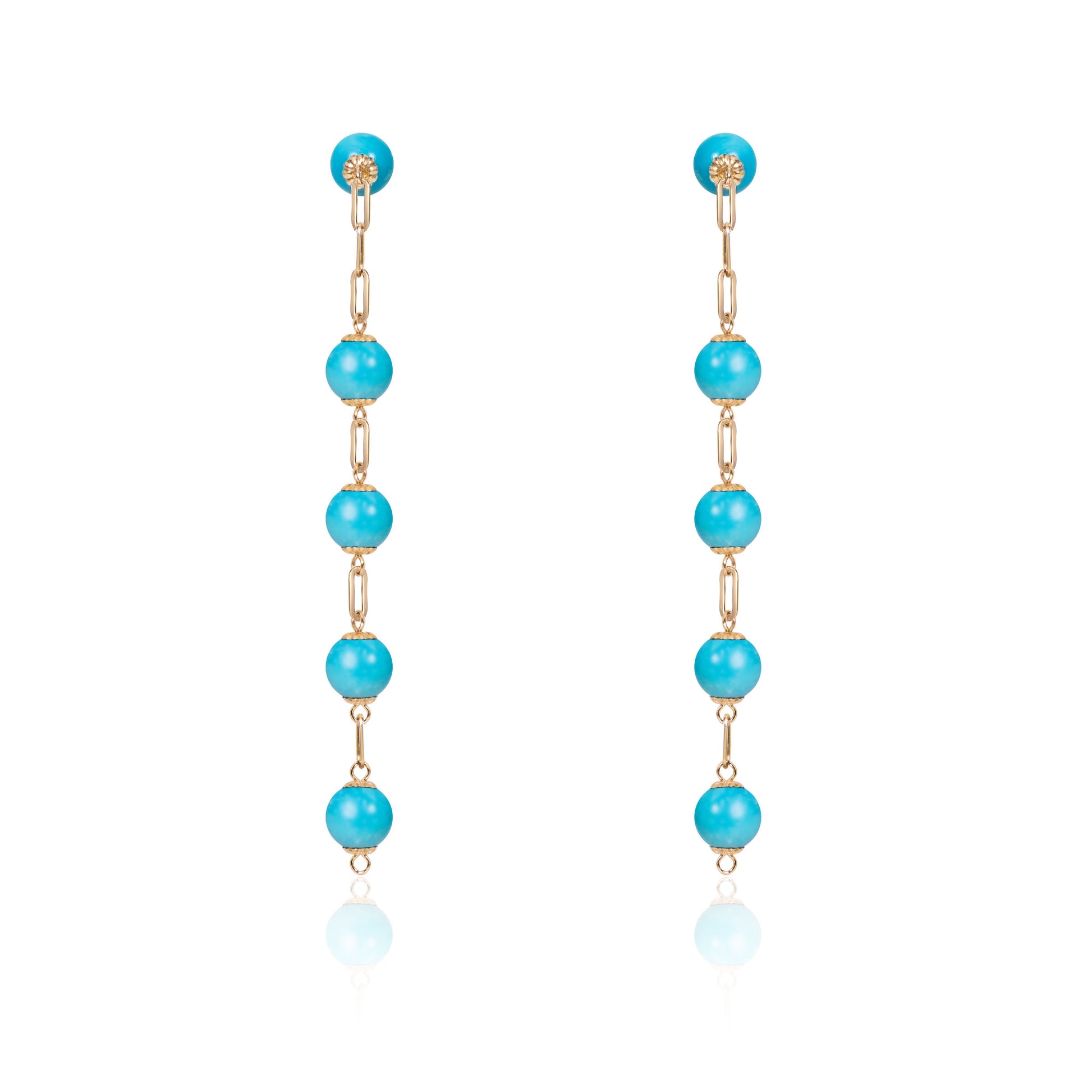 Natural turquoise beads drop earrings set in fine gold by Fantasilvia Fine Jewelry.

