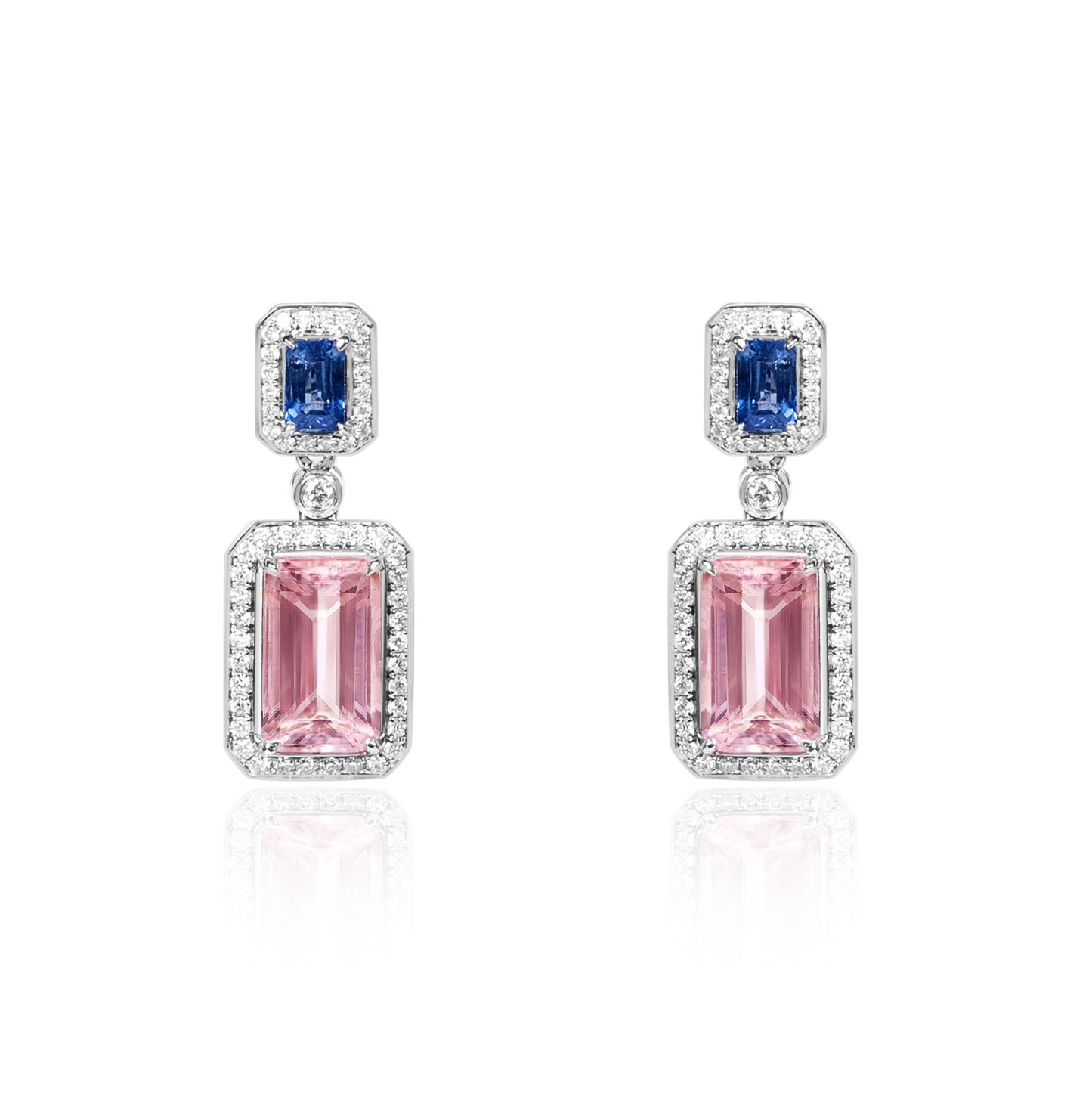 Natural pink morganite and blue sapphire drop earrings in 18K white gold with diamond halo by Fantasilvia Fine Jewelry.
