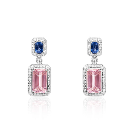 Natural pink morganite and blue sapphire drop earrings in 18K white gold with diamond halo by Fantasilvia Fine Jewelry.

