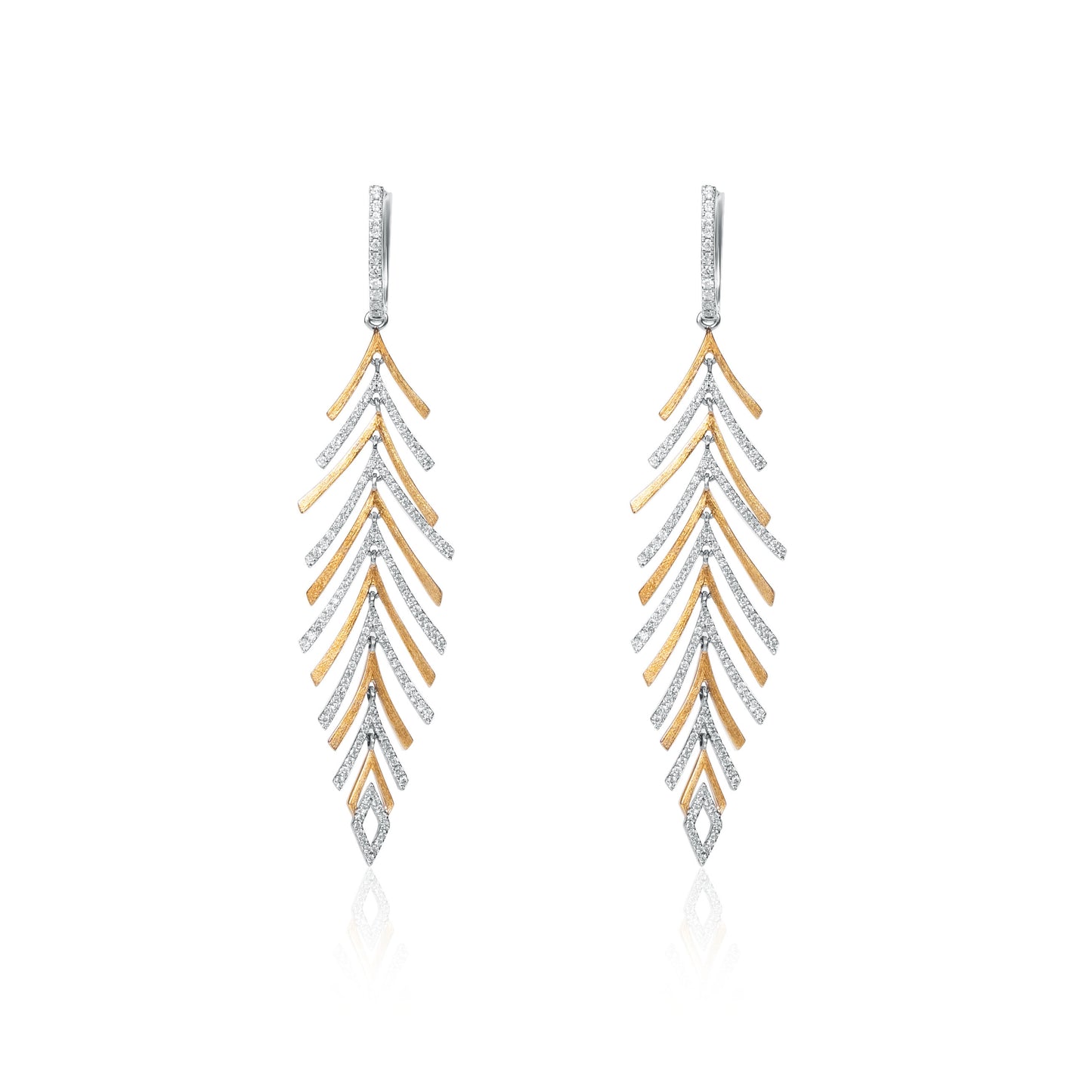 Pine tree inspired diamond drop earrings in 18K gold by Fantasilvia Fine Jewelry, Vancouver
