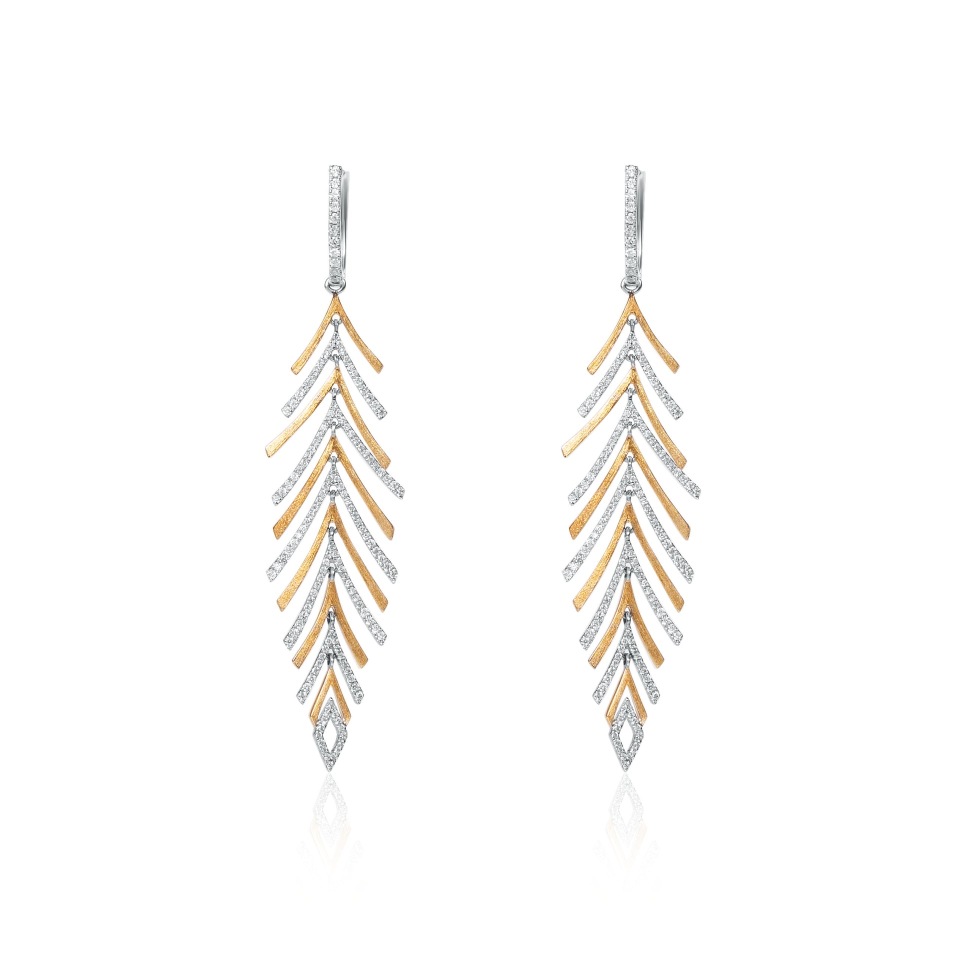 Pine tree inspired diamond drop earrings in 18K gold by Fantasilvia Fine Jewelry, Vancouver
