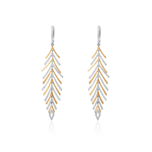 Pine tree inspired diamond drop earrings in 18K gold by Fantasilvia Fine Jewelry, Vancouver
