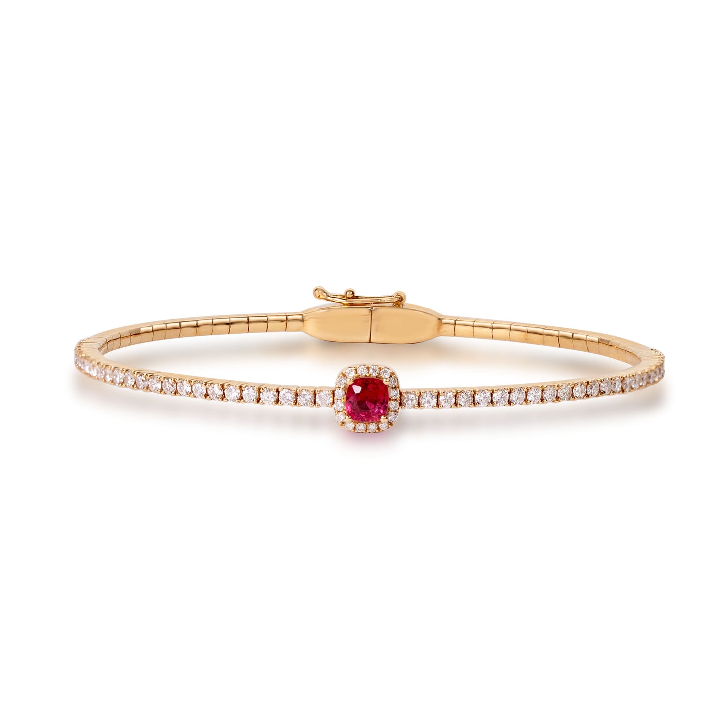 Natural spinel and diamond stretch bangle crafted in 18K gold by Fantasilvia Fine Jewelry.
