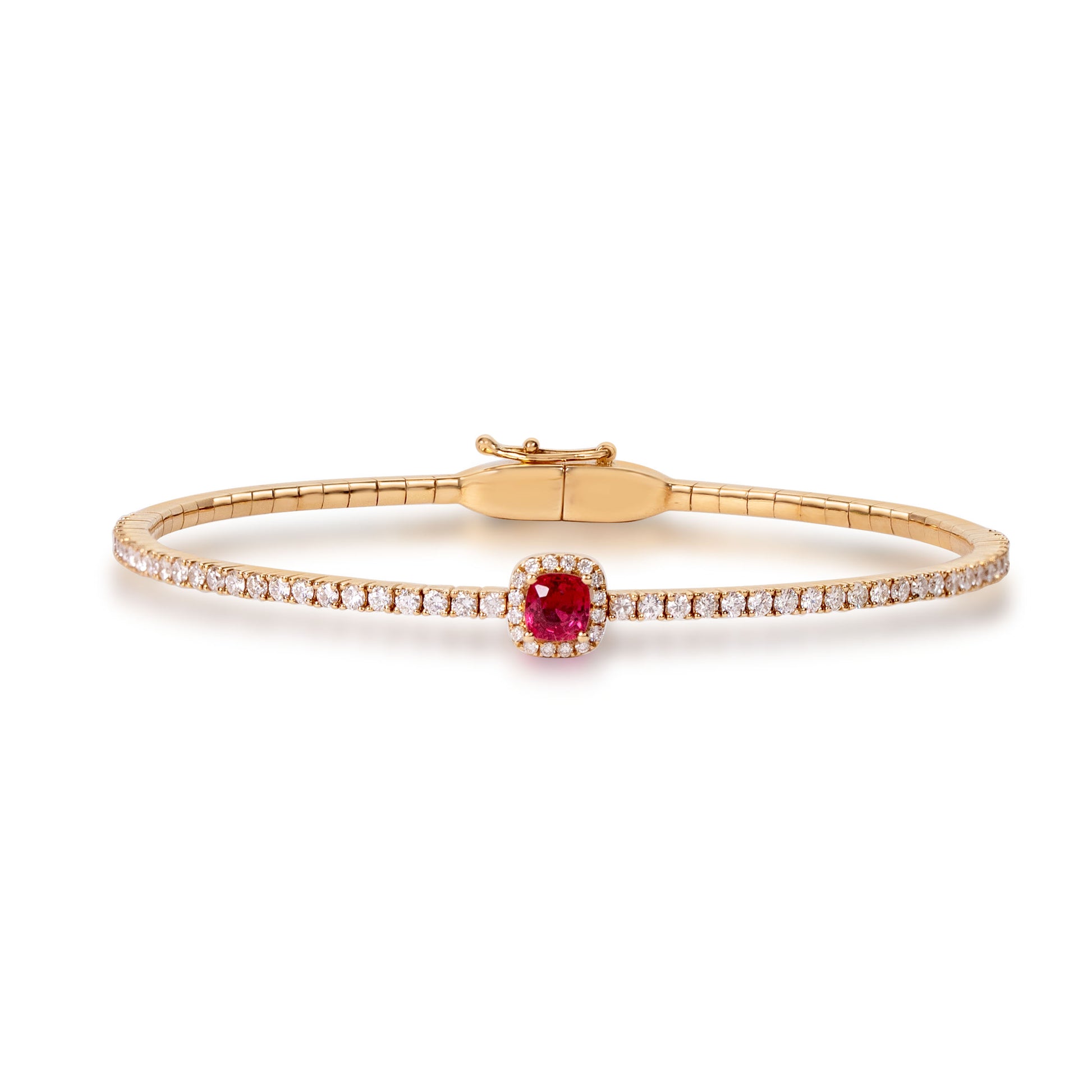 Natural spinel and diamond stretch bangle crafted in 18K gold by Fantasilvia Fine Jewelry.
