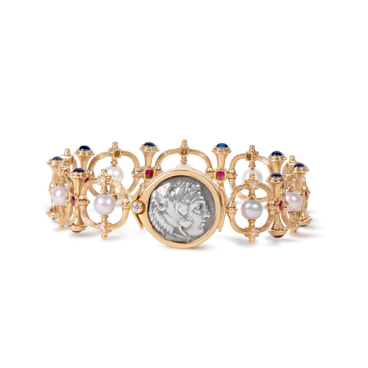 Alexander II ancient coin and natural pearl bracelet by Fantasilvia Fine Jewelry.
