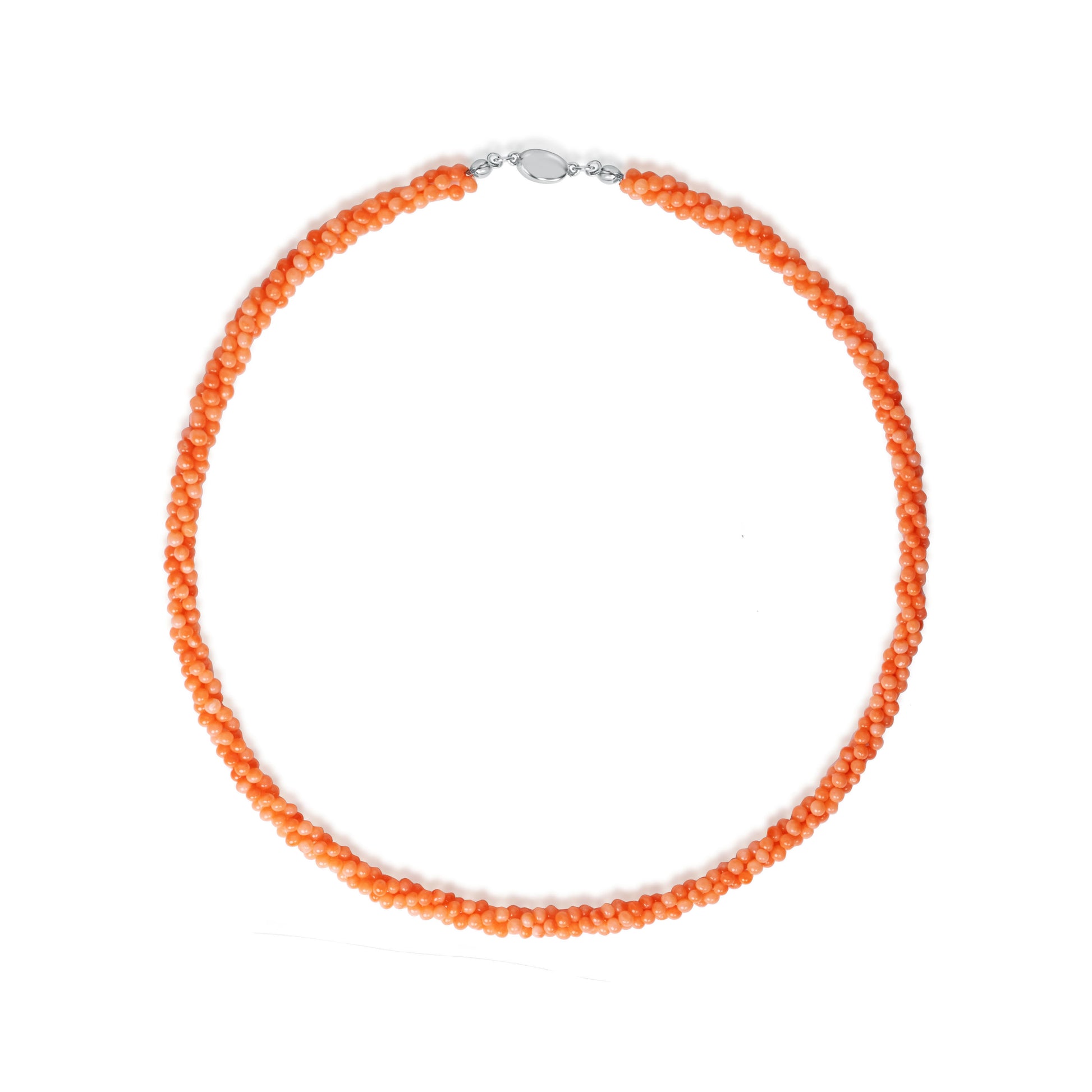 Natural coral beads choker featuring vivid orange beads and minimalist design, crafted by Fantasilvia Fine Jewelry.
