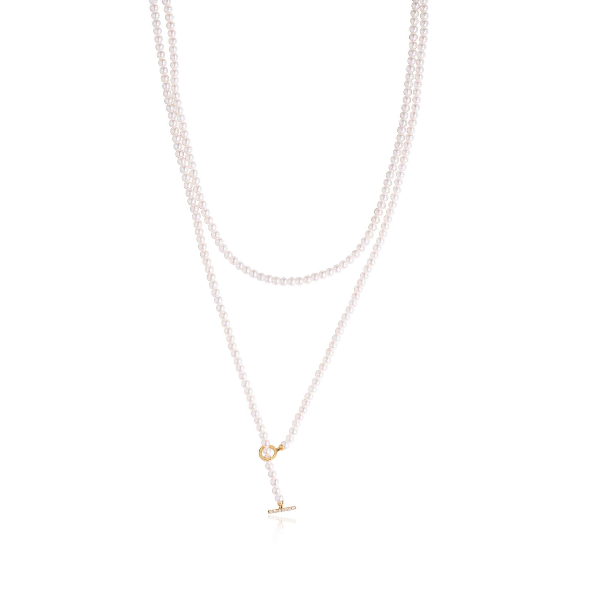 Elegant three-layer freshwater pearl necklace featuring 3mm–3.5mm lustrous pearls and a modern gold toggle clasp, crafted by Fantasilvia Fine Jewelry.
