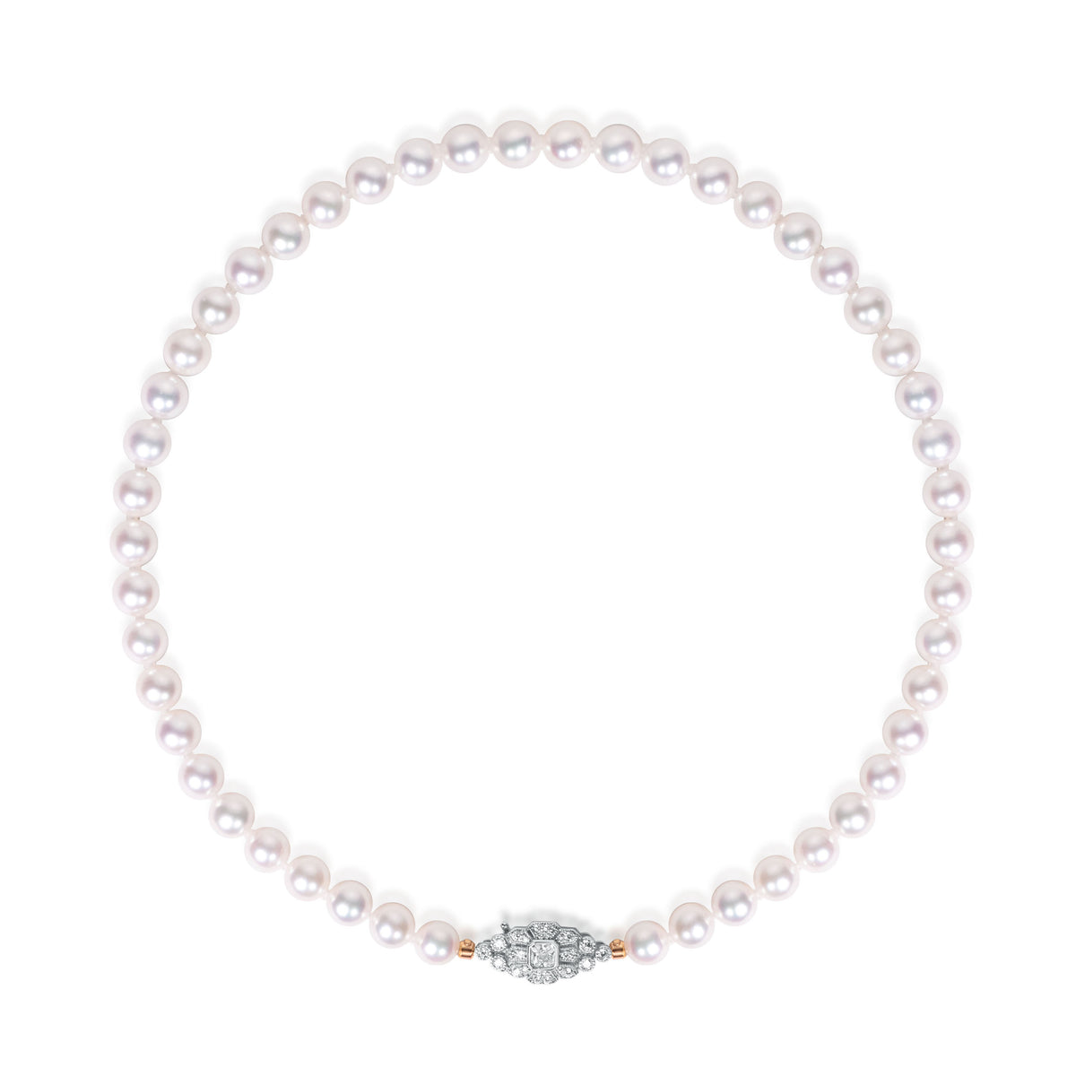 Ten'nyo-grade Akoya pearl strand with 8 to 8.5 millimetre pearls and rosy overtones