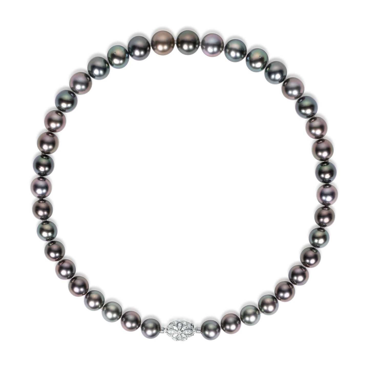 Strand of natural Tahitian peacock pearls showcasing rich iridescent overtones, crafted by Fantasilvia Fine Jewelry.
