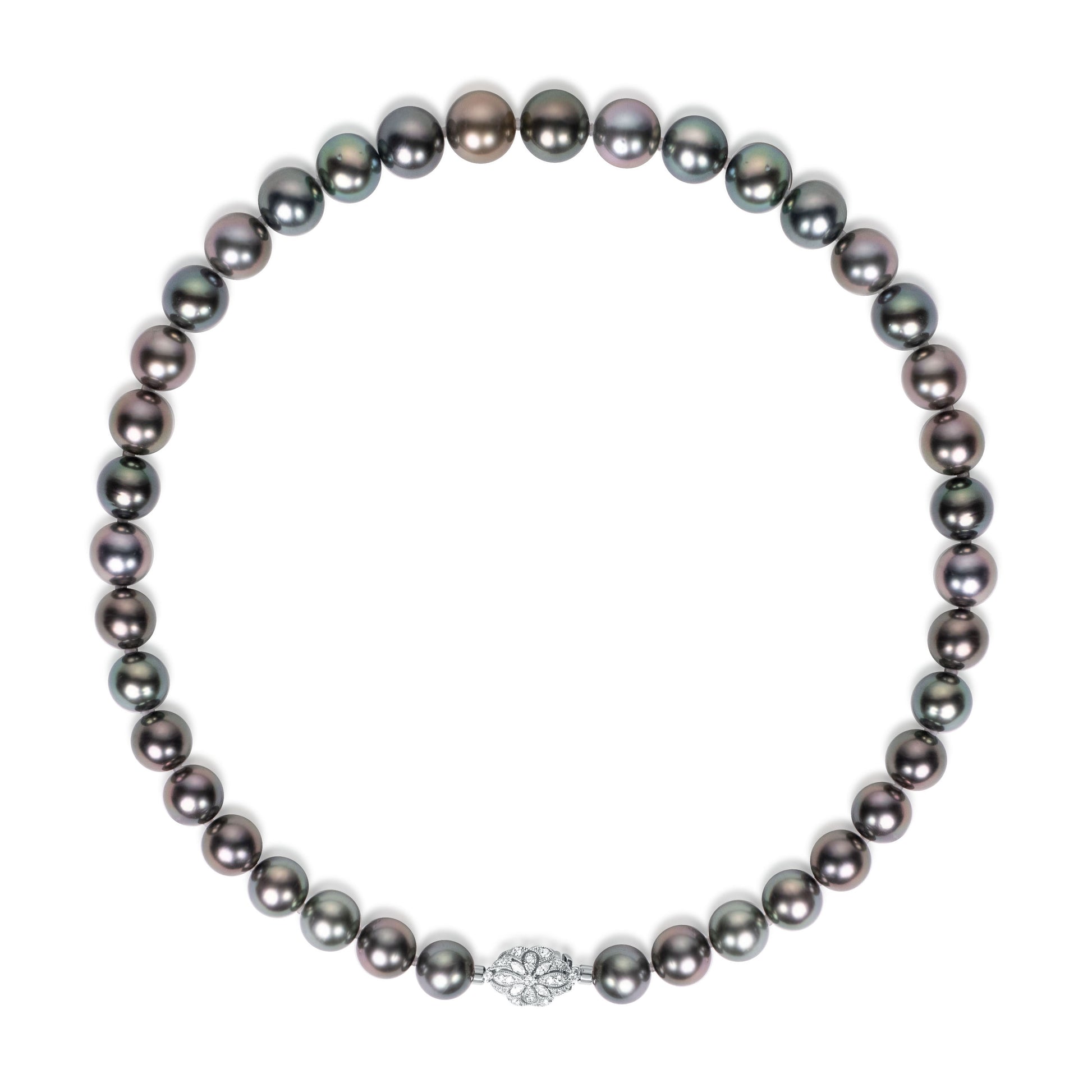 Strand of natural Tahitian peacock pearls showcasing rich iridescent overtones, crafted by Fantasilvia Fine Jewelry.
