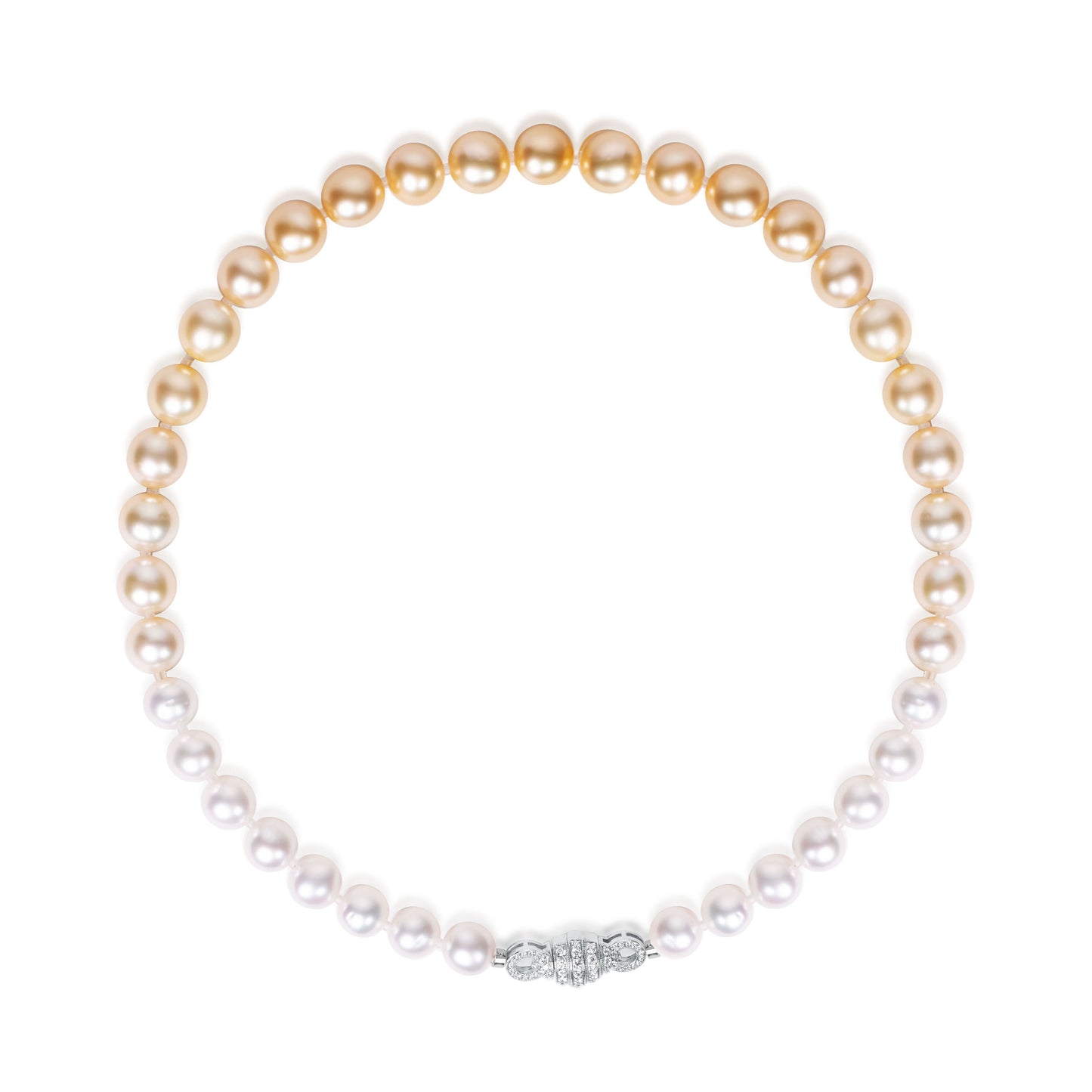 Gradient South Sea pearl strand necklace featuring 9–11mm pearls transitioning from white to golden tones, crafted by Fantasilvia Fine Jewelry.
