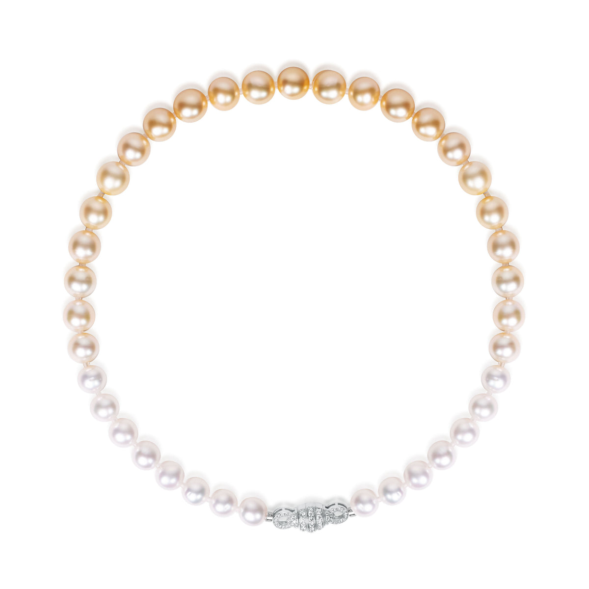 Gradient South Sea pearl strand with 9 to 11 millimetre pearls transitioning from white to gold