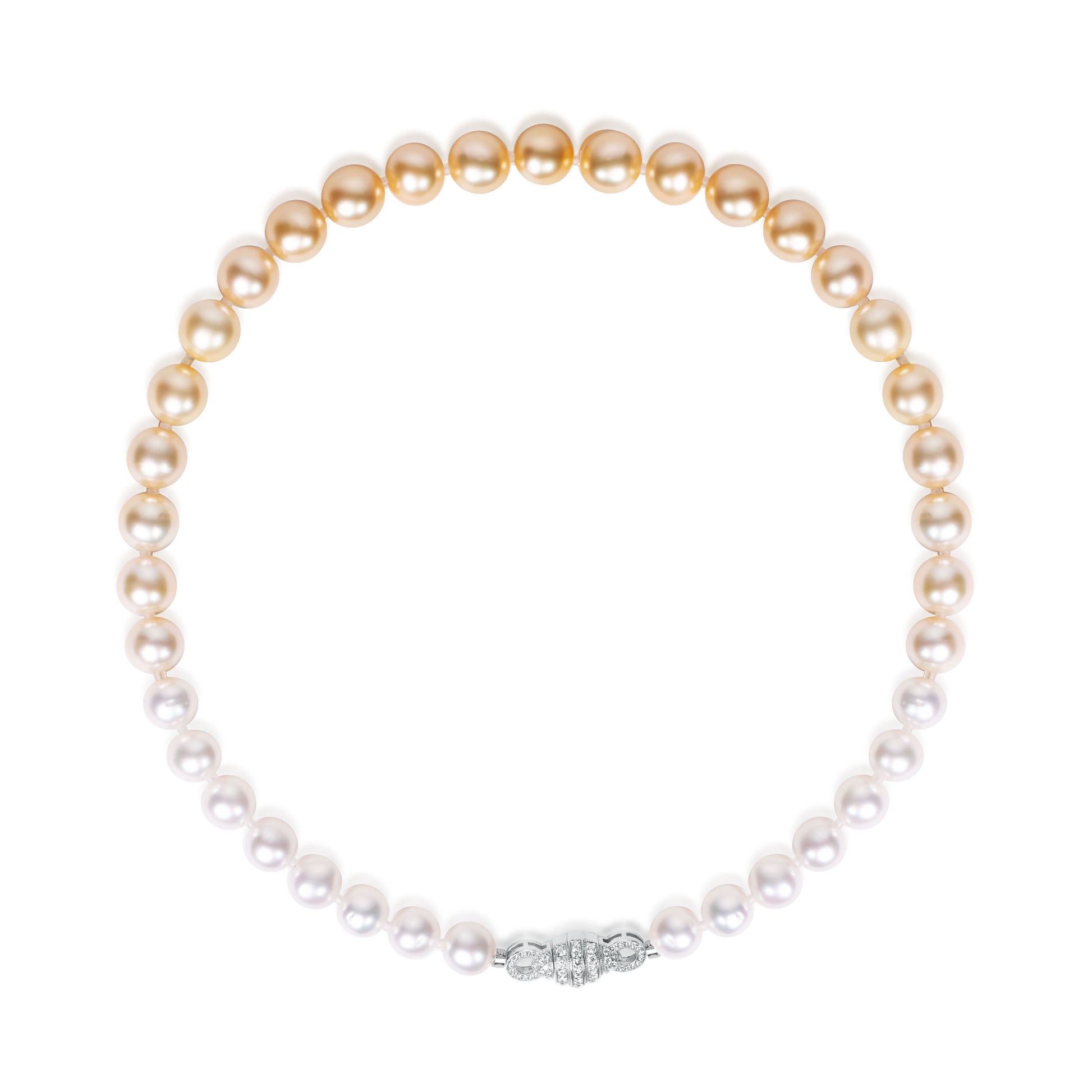 Gradient South Sea pearl strand necklace featuring 9–11mm pearls transitioning from white to golden tones, crafted by Fantasilvia Fine Jewelry.
