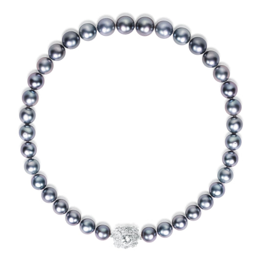 Premium South Sea grey pearl strand necklace featuring 11–13mm pearls with natural steely luster, crafted by Fantasilvia Fine Jewelry.
