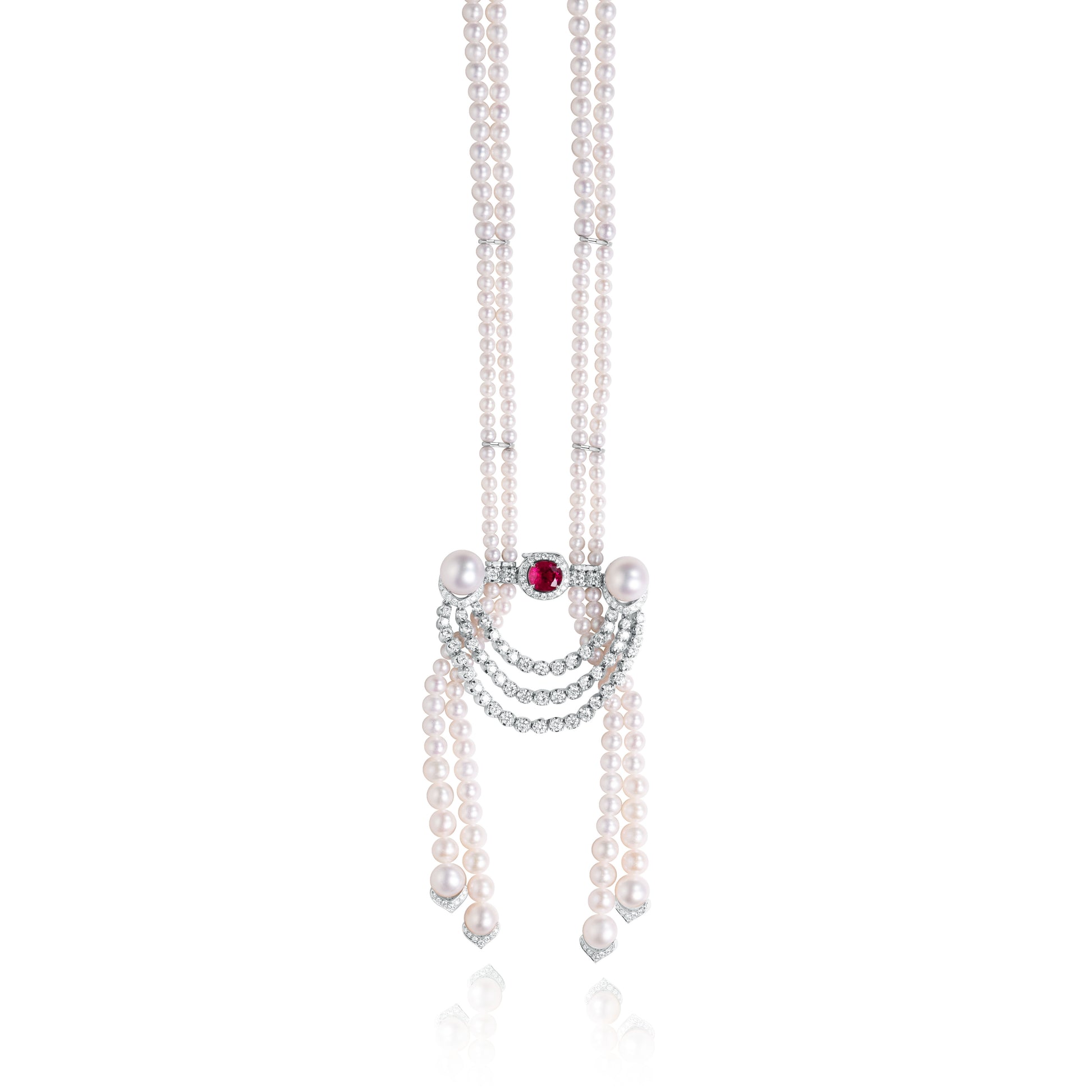Art Deco multi-strand natural pearl necklace with ruby and diamond accents crafted by Fantasilvia Fine Jewelry
