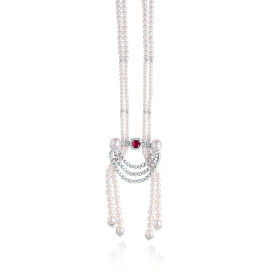Art Deco multi-strand natural pearl necklace with ruby and diamond accents crafted by Fantasilvia Fine Jewelry
