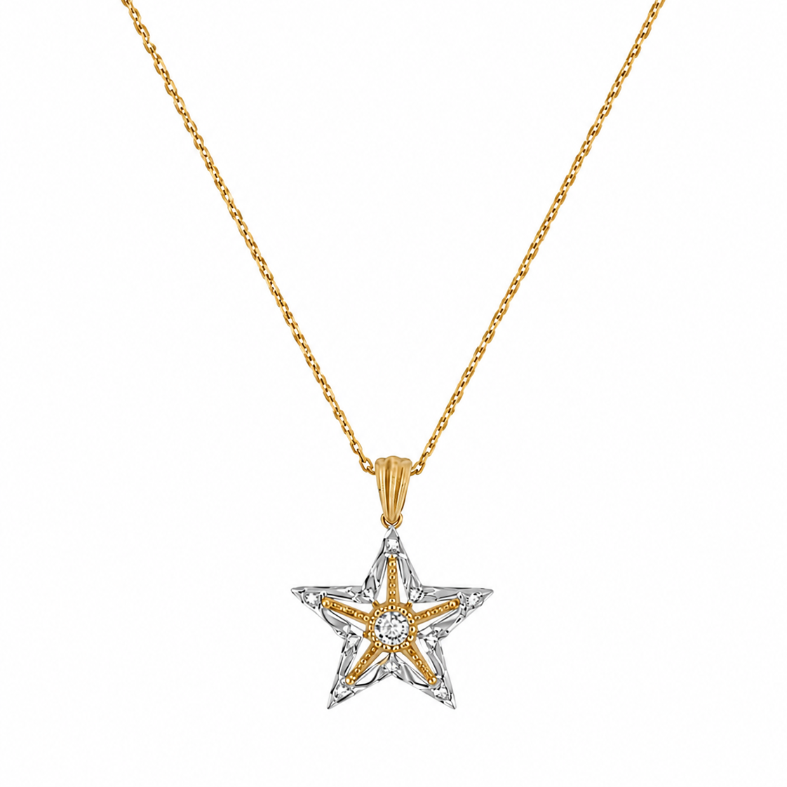 18K gold necklace featuring a diamond-encrusted star pendant with a prominent 0.10-carat round center diamond, isolated on a white background.