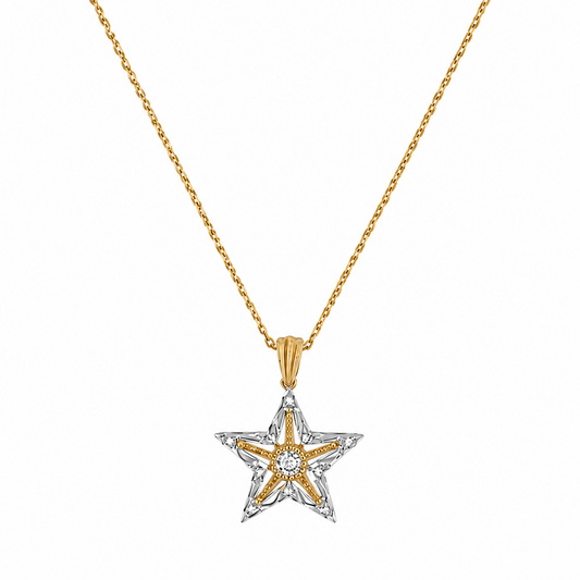 18K gold necklace featuring a diamond-encrusted star pendant with a prominent 0.10-carat round center diamond, isolated on a white background.