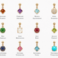 Collection of twelve detachable natural birthstone charms in 14K solid gold for the Spell My Stars necklace, including garnet, emerald, ruby, and sapphire.