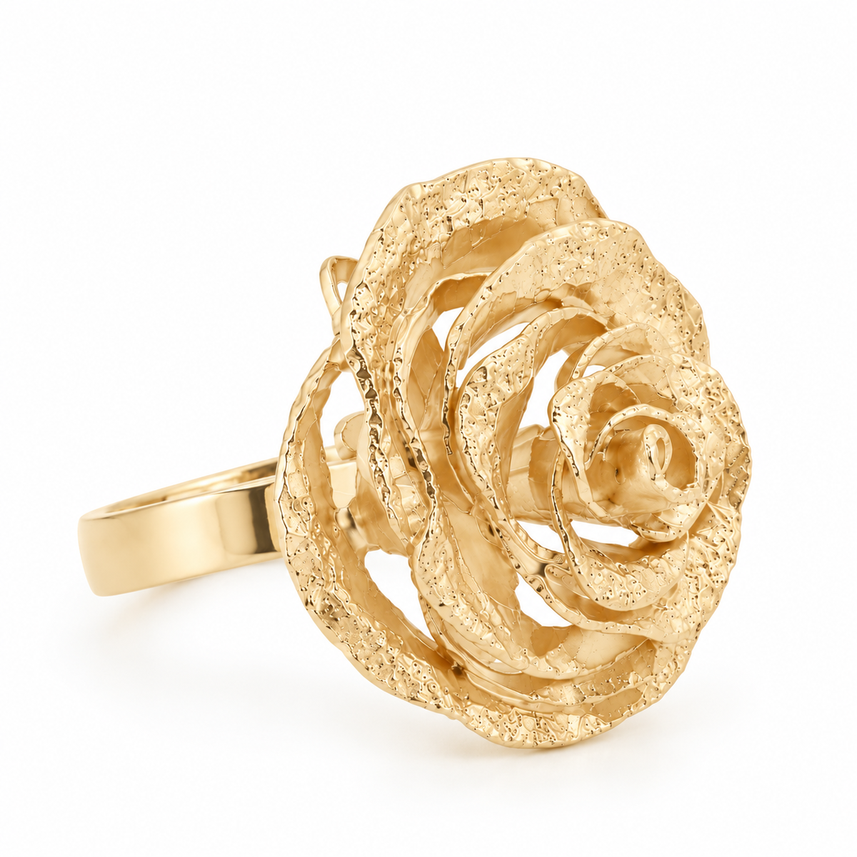 Angled view of a gold vermeil statement ring featuring an intricately textured, three-dimensional sculpted rose in full bloom.