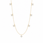 A delicate 18K yellow gold fine jewelry station necklace showcasing nine symmetrically spaced, brilliant-cut natural diamonds totaling 0.75 carats, isolated against a solid white background.