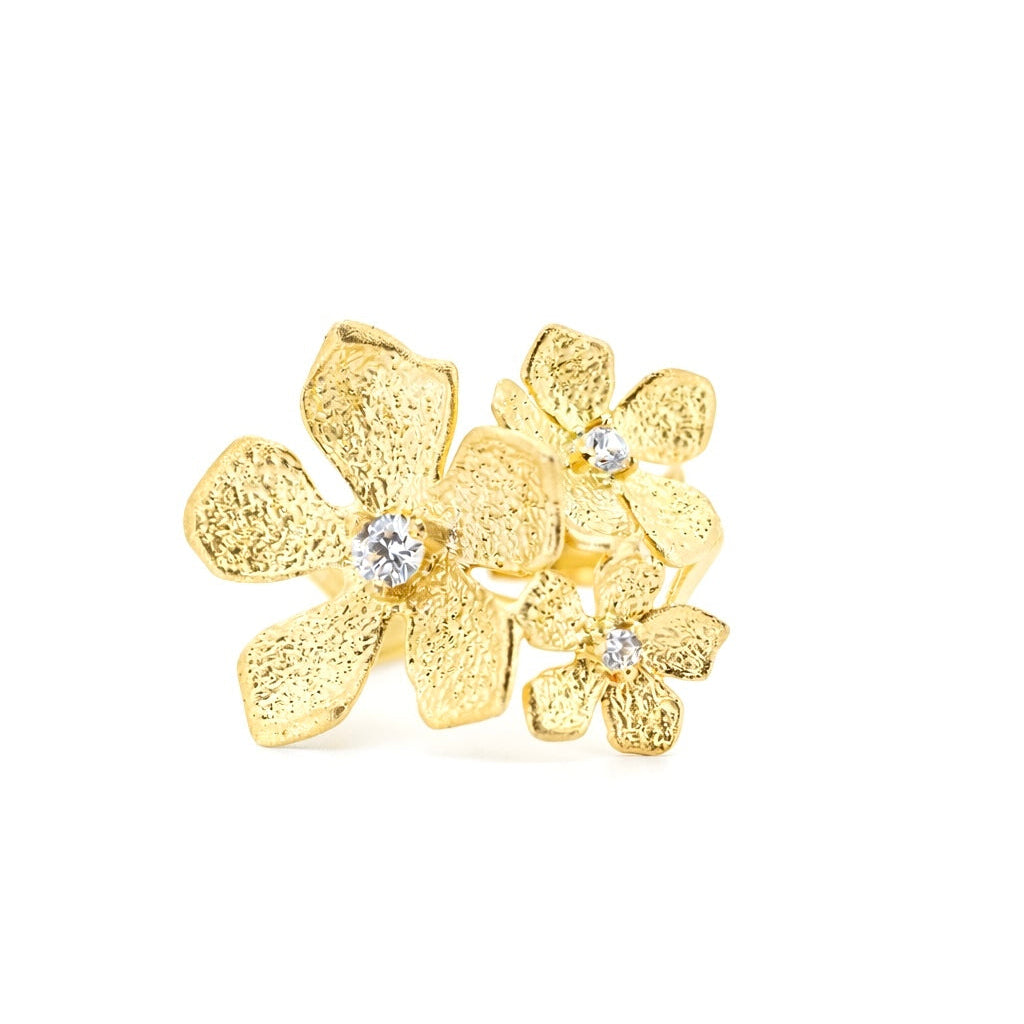 When uploading these images, use an Alt Text like: Fantasilvia-Golden-Trio-Bloom-Ring-Italian-Gold-Brushed-Flower-Jewelry.