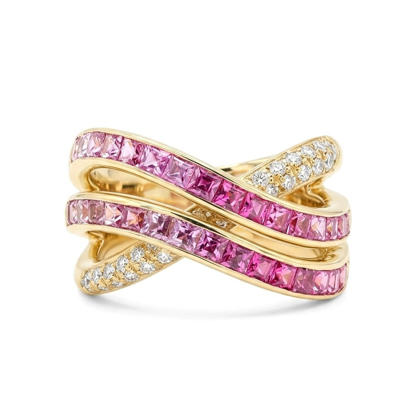 Fantasilvia Natural Azure Gradient Sapphire Cluster Ring with White Diamonds in 18K Yellow Gold