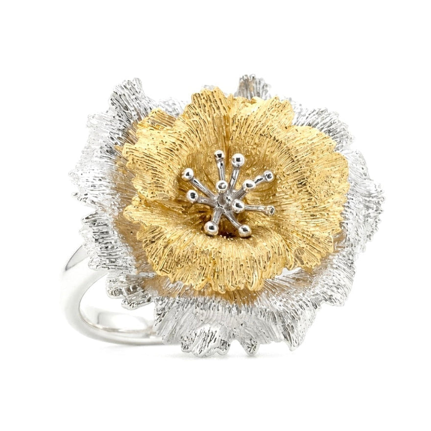 Fantasilvia-Golden-Core-Poppy-Ring-Italian-Silver-Two-Tone-Adjustable。