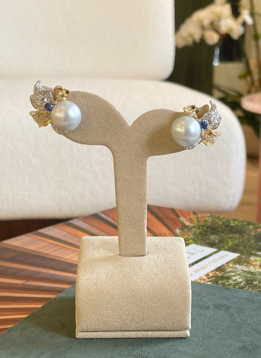 Pearl & Sapphire & Diamond Floral Stud Earrings
