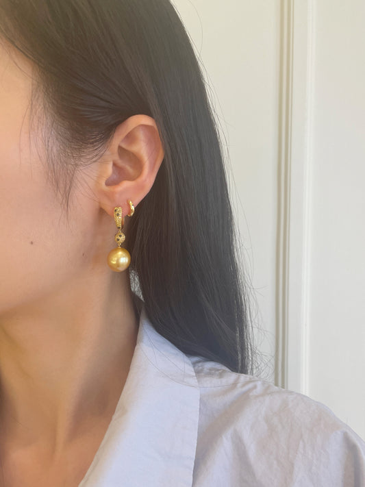 Black Diamond & South Sea Golden Pearl Dangle Earrings
