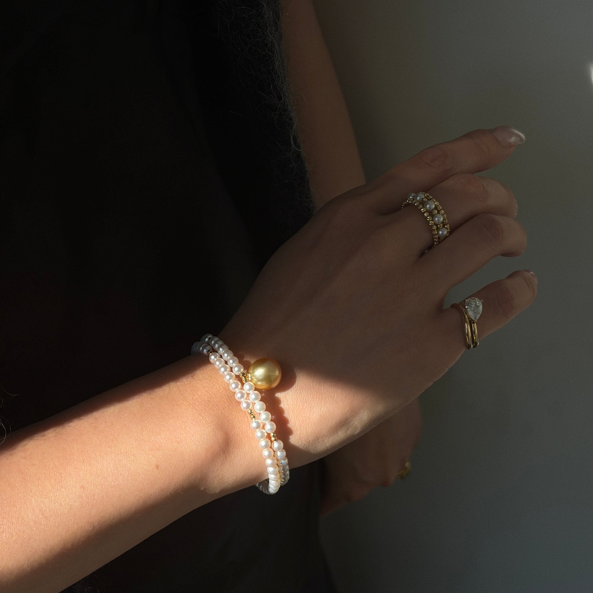 Double-Strand Akoya Pearl Wrap Bracelet with Golden South Sea Pearl Center Fantasilvia Jewelry