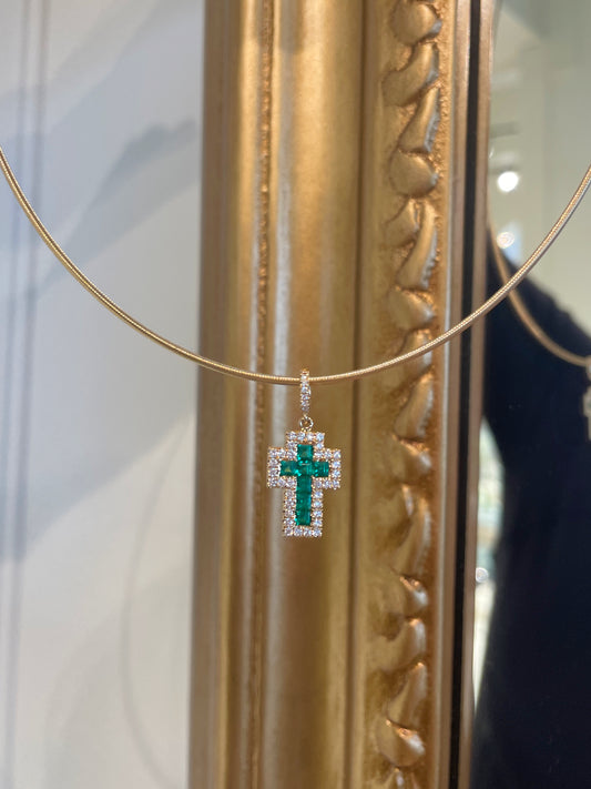 Baguette Emerald & Diamond Cross Pendant