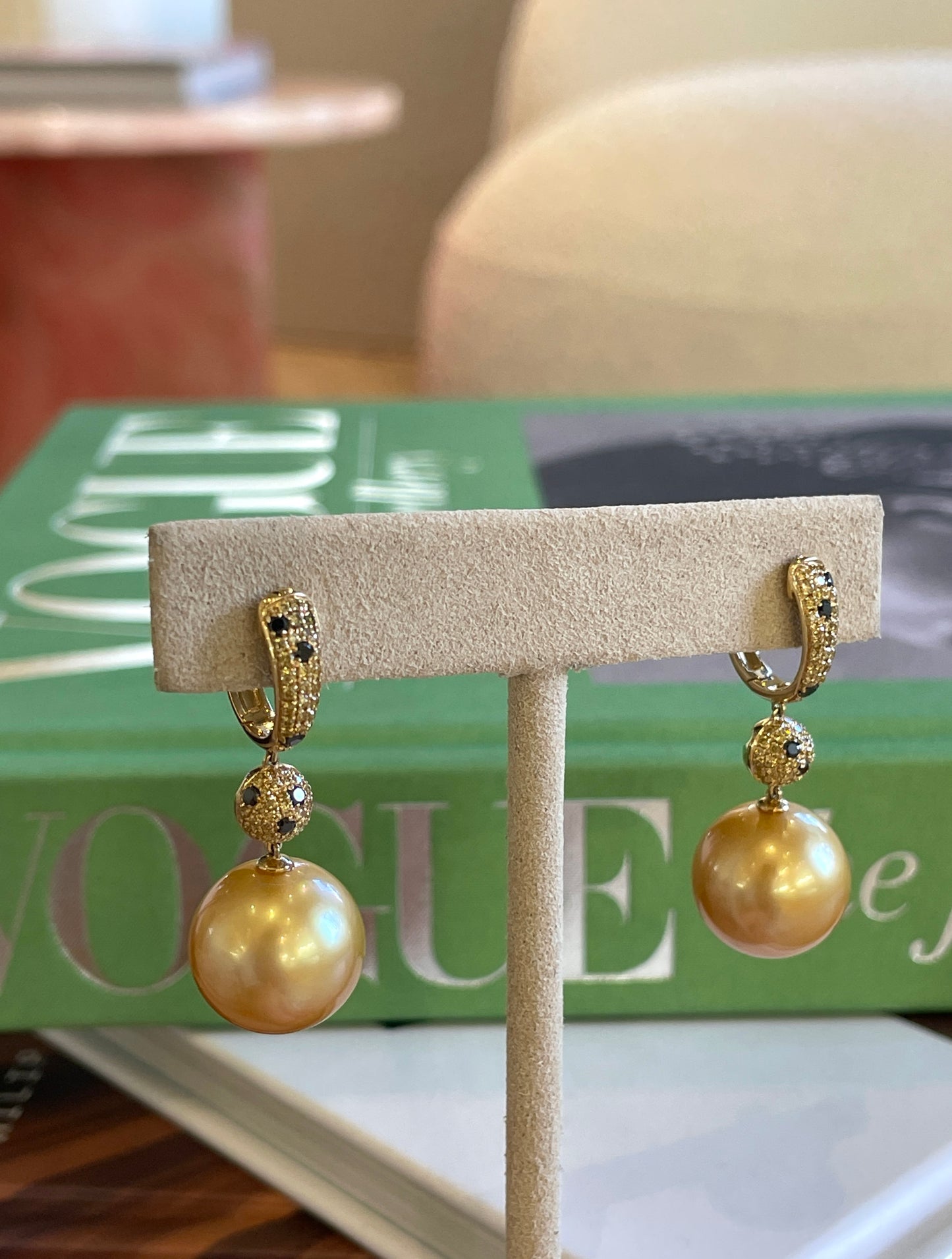 Black Diamond & South Sea Golden Pearl Dangle Earrings