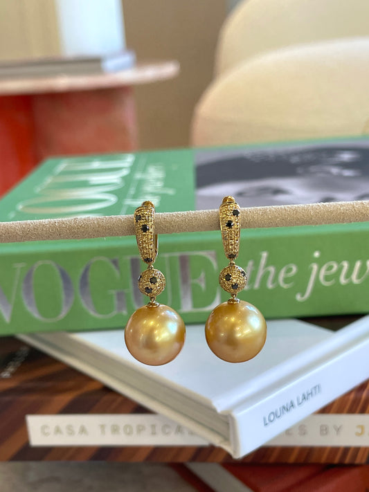 Black Diamond & South Sea Golden Pearl Dangle Earrings