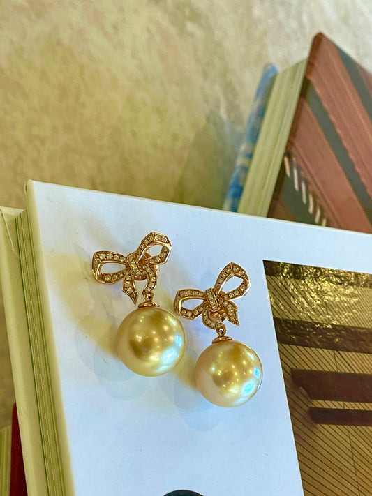 South Sea Golden Pearl Bow Tie Drop Earrings