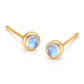 Pair of 18K yellow gold stud earrings featuring bezel-set round iridescent moonstone cabochons.