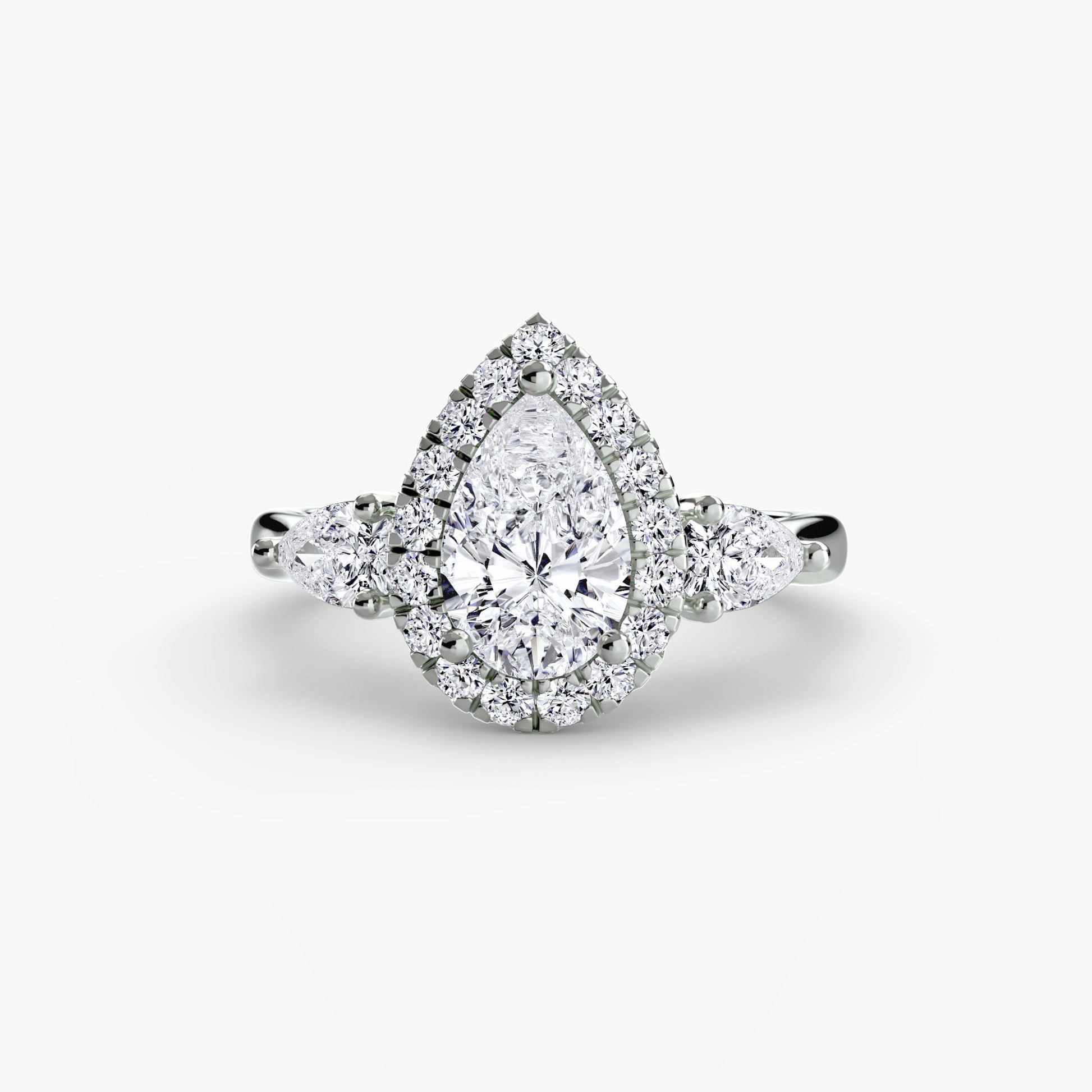 Three-Stone Ring with Halo Fantasilvia Jewelry