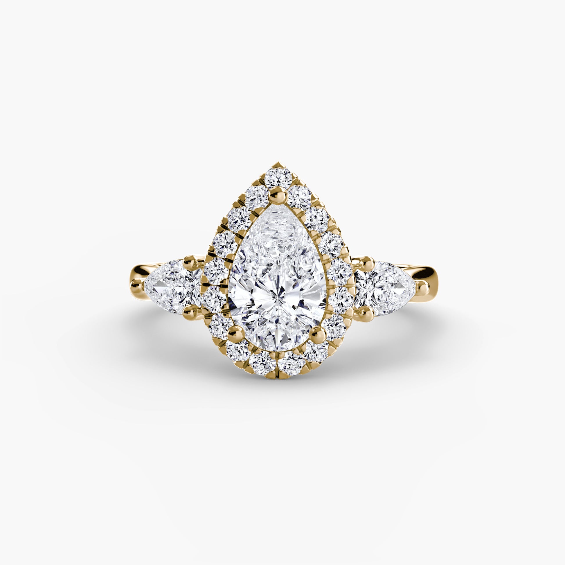 Three-Stone Ring with Halo Fantasilvia Jewelry