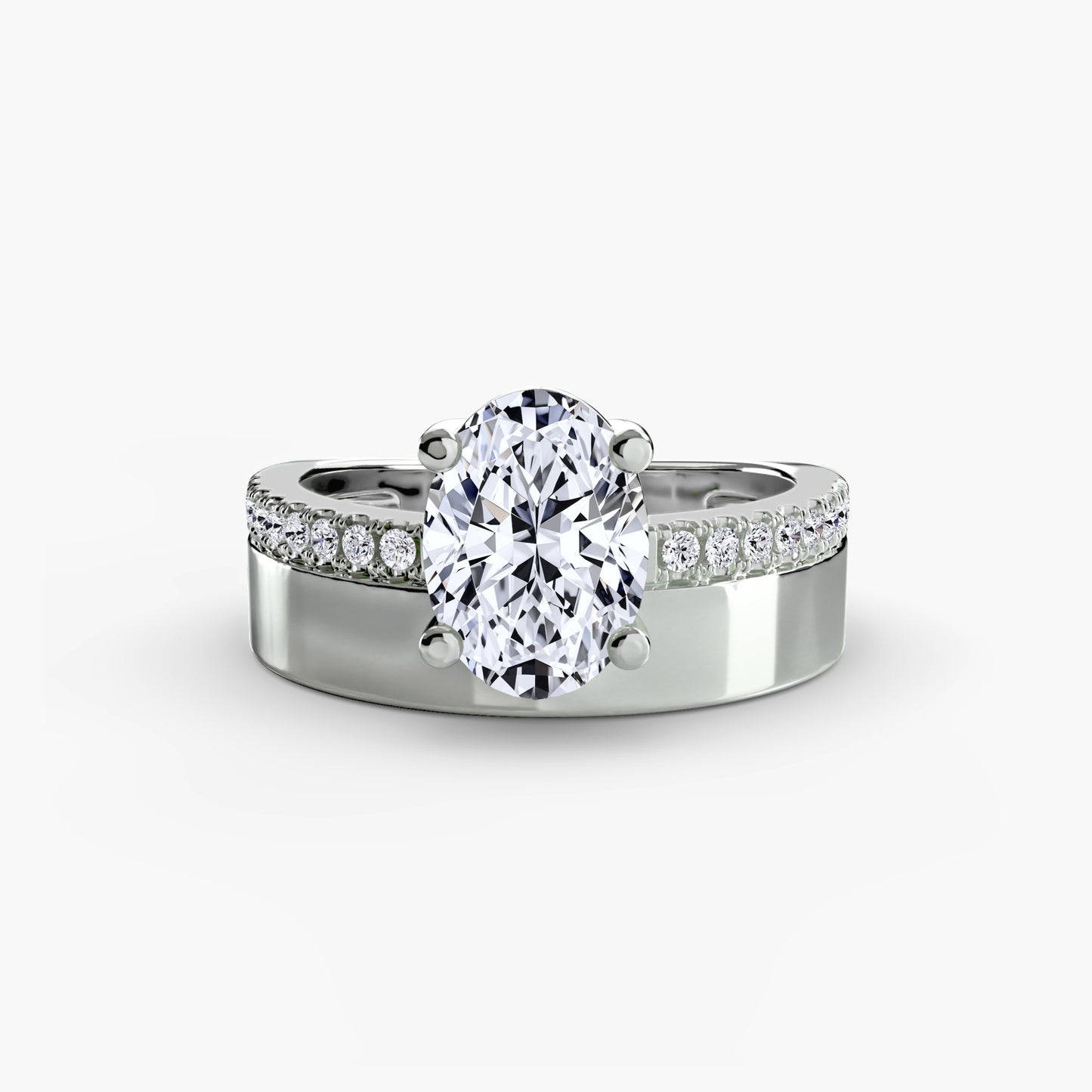 Wide Band Solitaire with Pavé Band Fantasilvia Jewelry