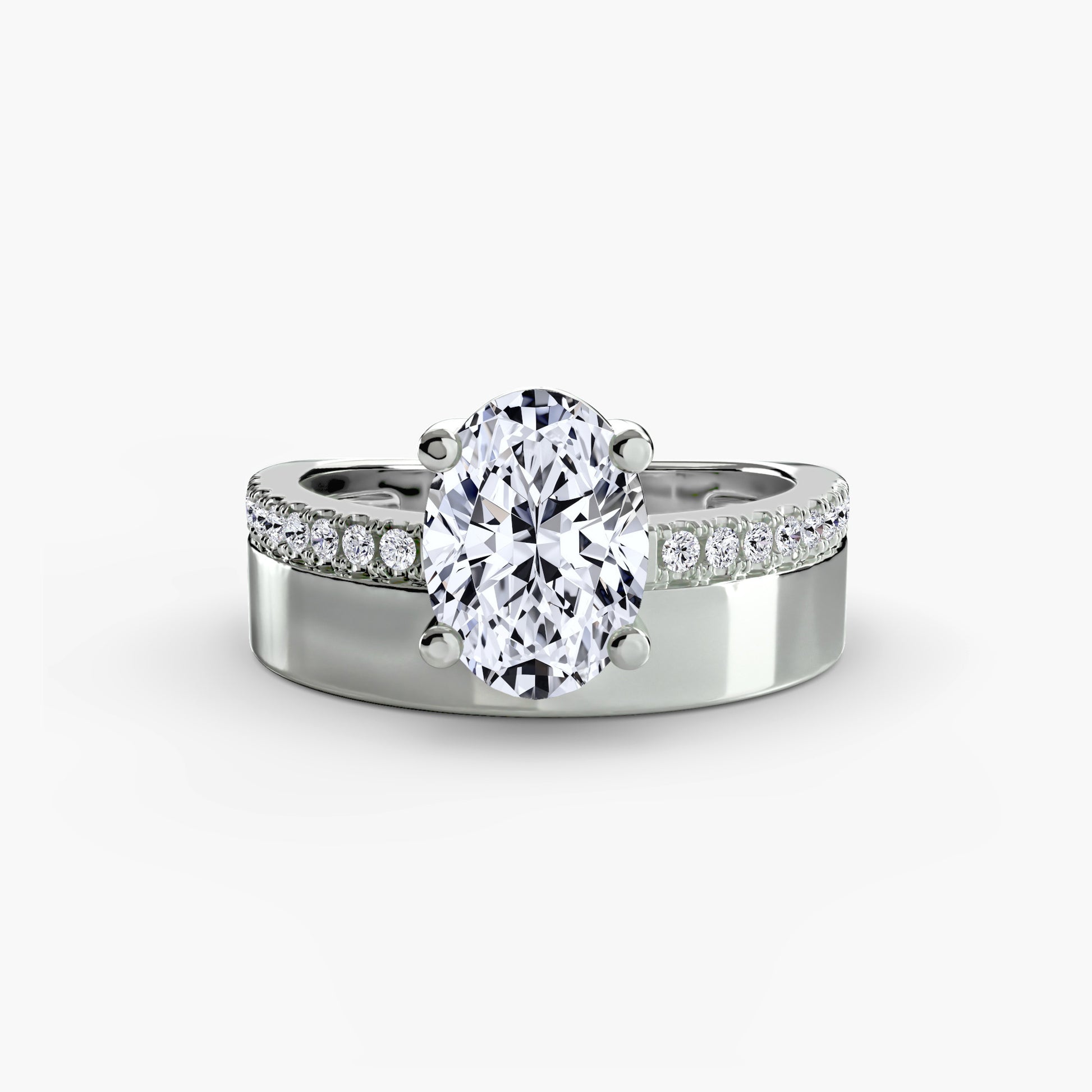Wide Band Solitaire with Pavé Band Fantasilvia Jewelry